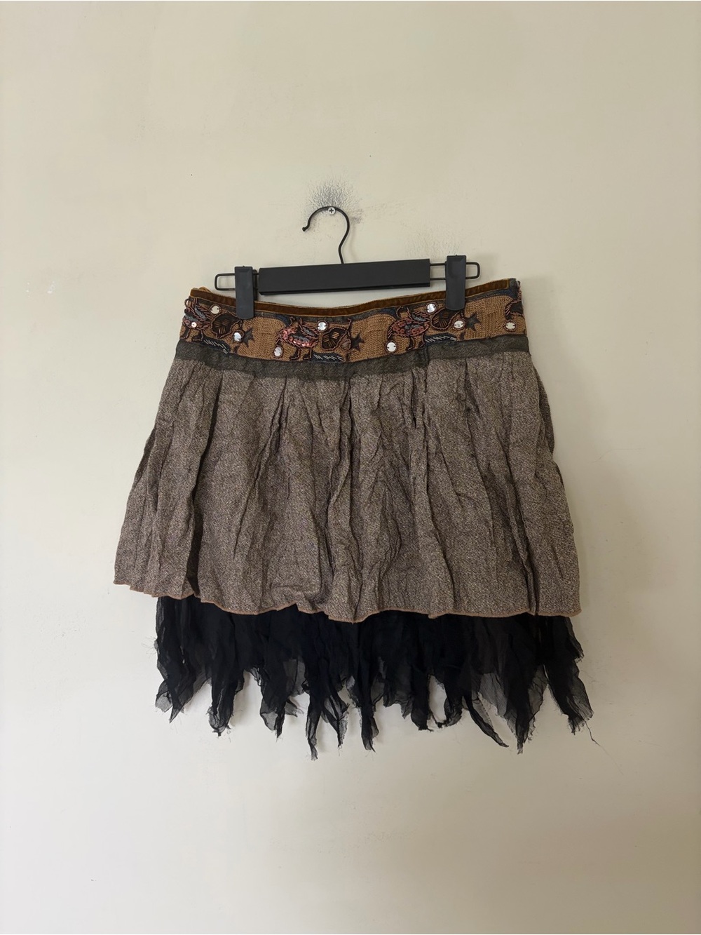 Vintage Boho beaded tribe whimsical brown earthy asymmetrical mini skirt fairy